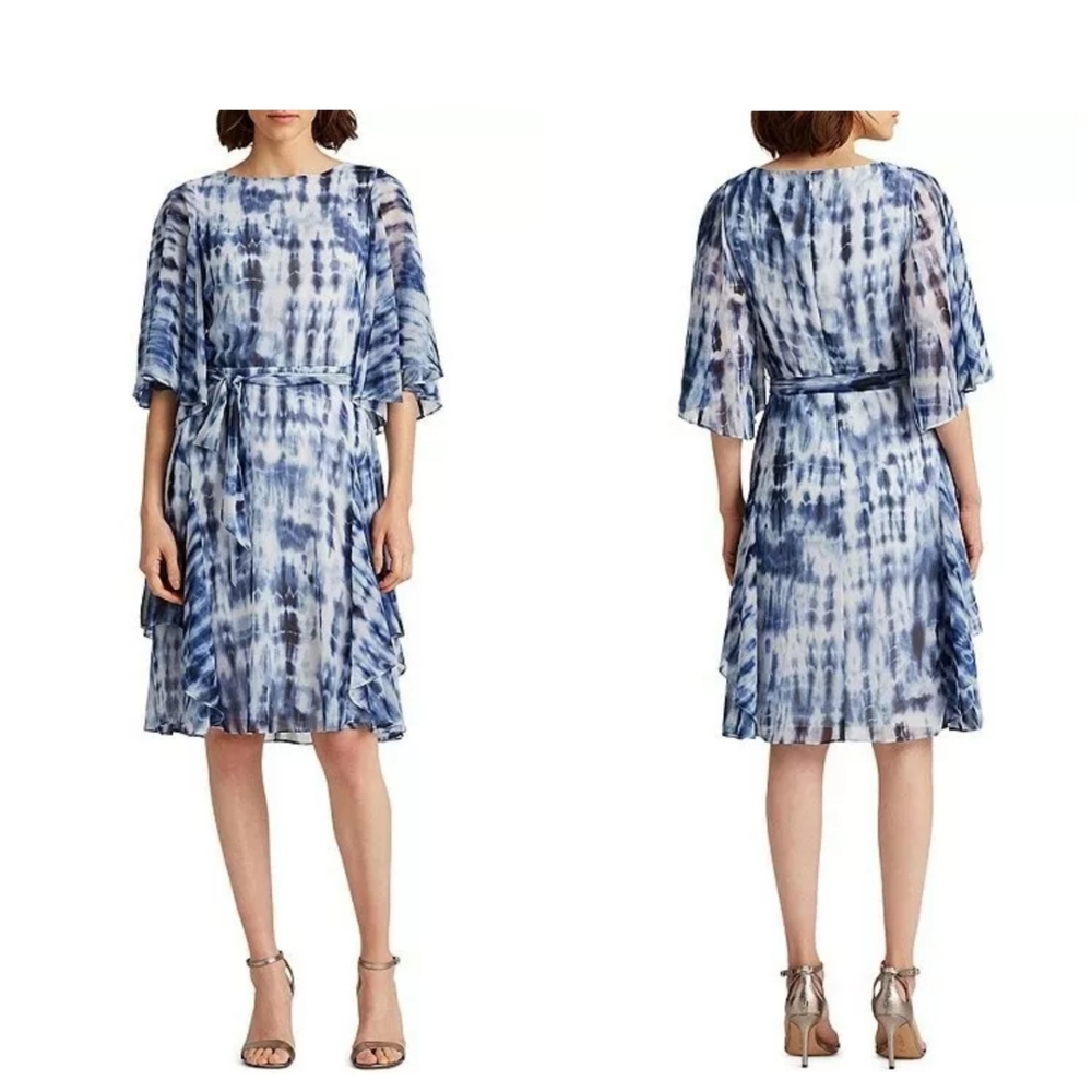 🔥LAUREN Ralph Lauren Tie-Dye Elbow Sleeve Ruffle Detail Georgette Dress Size 8
